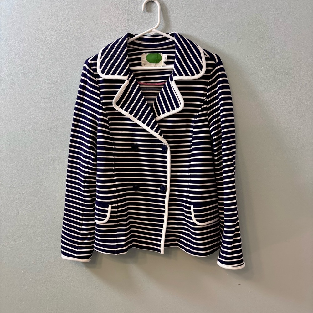 Anthropologie Navy and White Striped Blazer, 4 button pea coat style
